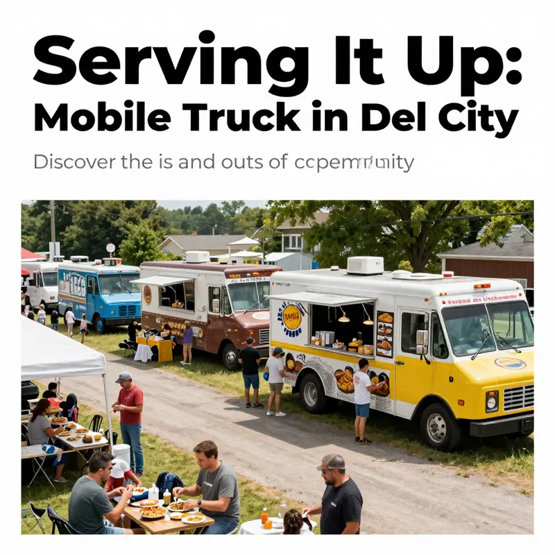 A lively food truck festival with families enjoying various cuisines under warm sunshine.