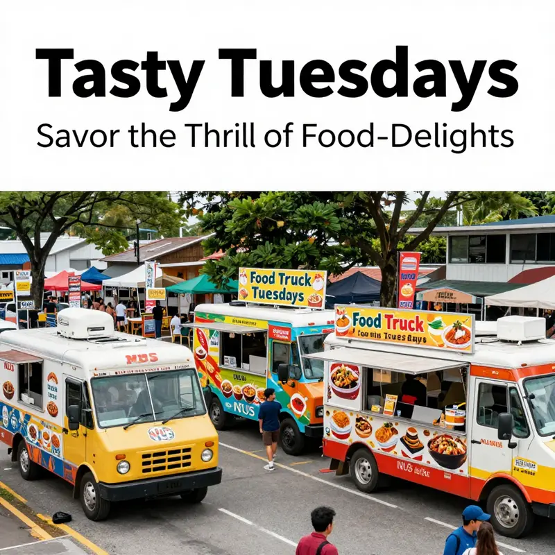 Colorful food trucks lined up at NUS during Food Truck Tuesdays, surrounded by happy diners.
