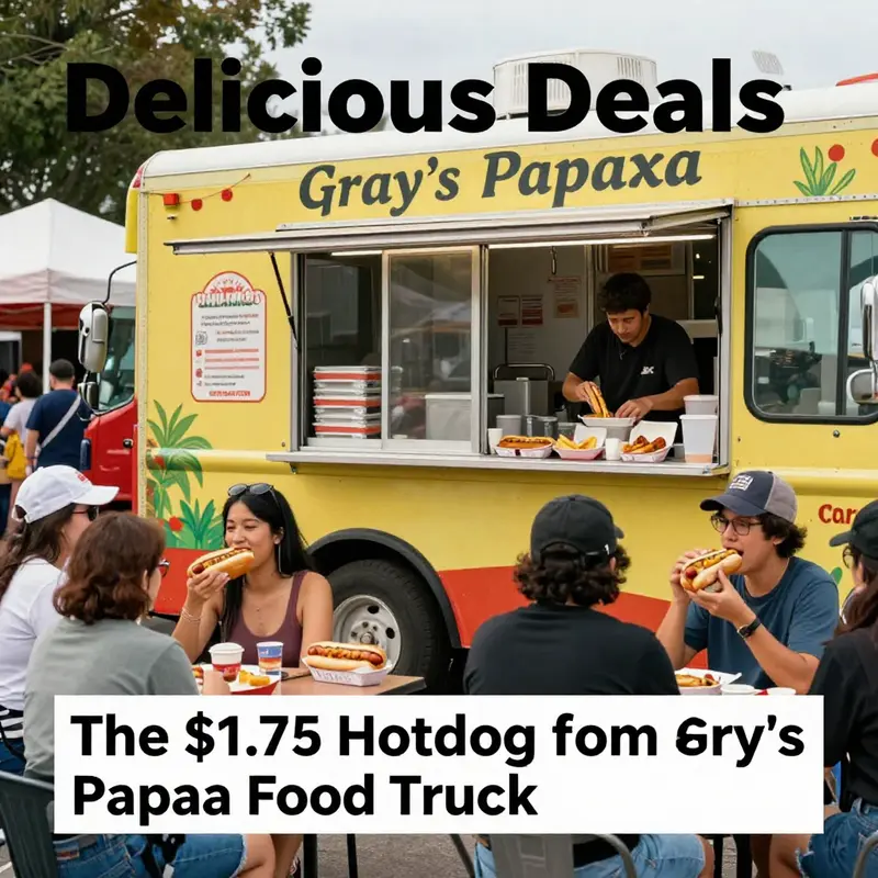 A vibrant food truck scene with customers happily consuming $1.75 hotdogs, reflecting the lively essence of community dining.