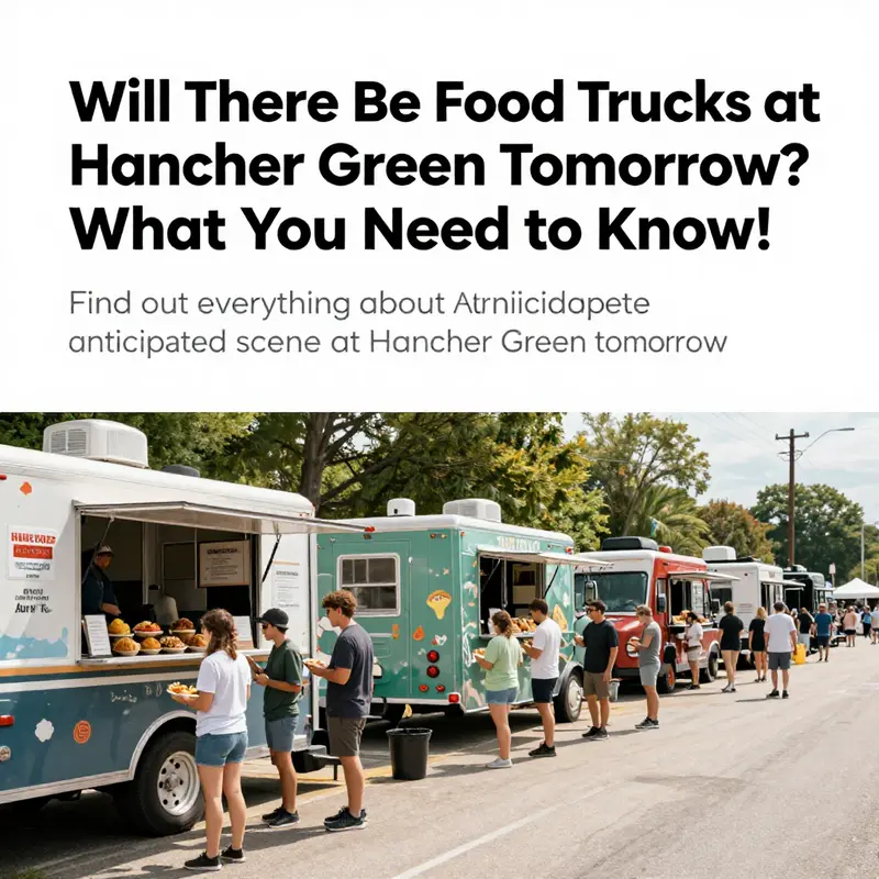 A colorful scene at Hancher Green featuring food trucks, diners, and the vibrant energy of a community gathering.