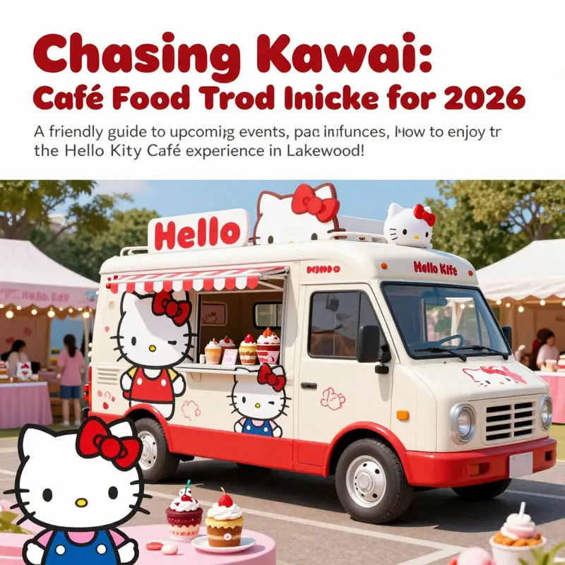 A joyful depiction of the Hello Kitty food truck, fans enjoying treats, and a lively festival environment.