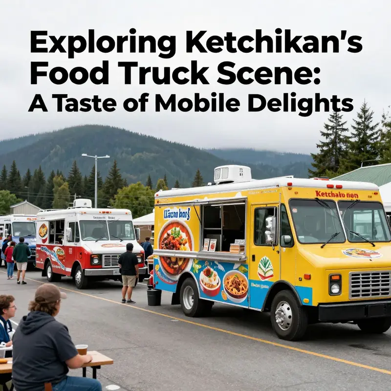 A lively food truck area in Ketchikan, Alaska, showcasing various food trucks and happy patrons enjoying diverse cuisines.