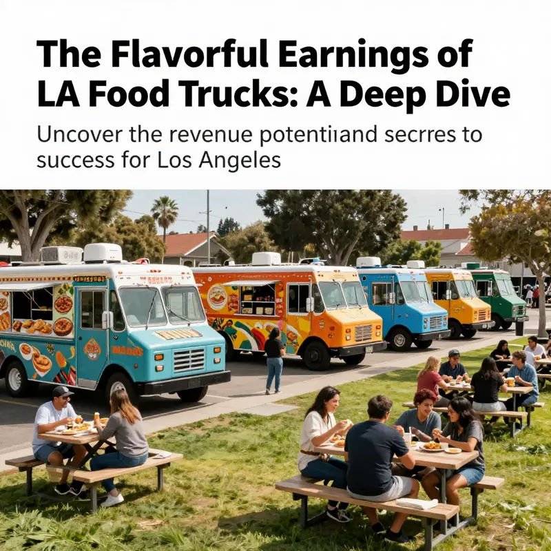 A vibrant scene of multiple food trucks in a Los Angeles park, with customers happily enjoying meals in a pleasant outdoor setting.