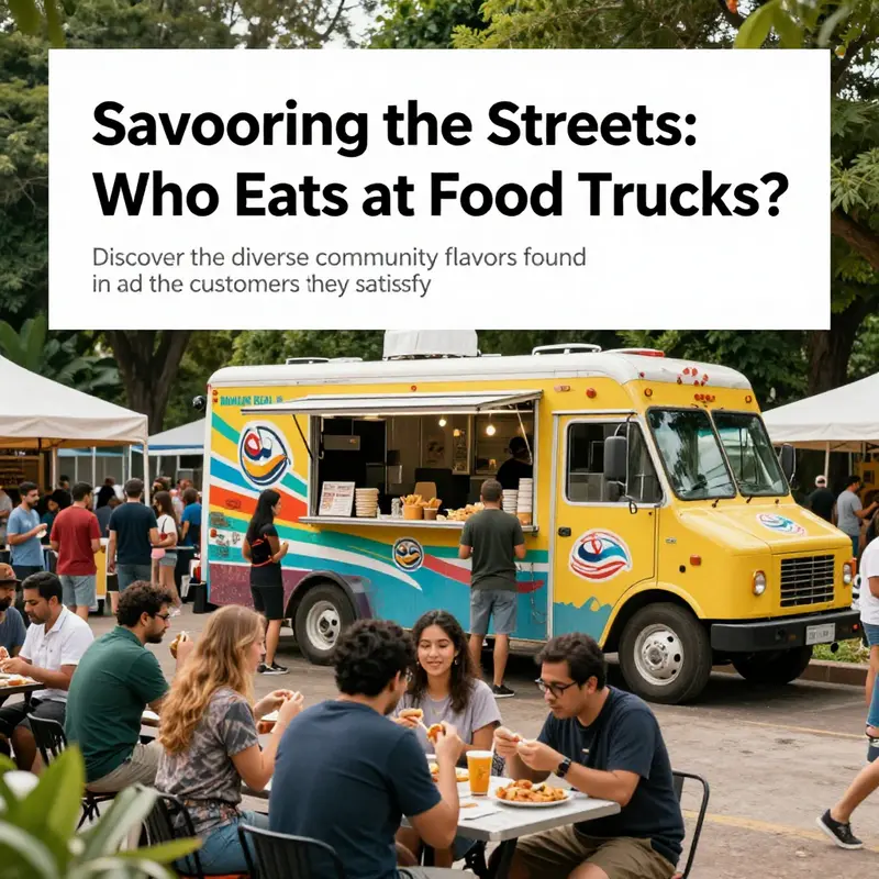 A lively food truck park filled with diverse people enjoying meals in a community setting.