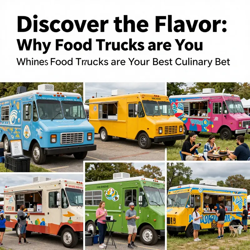 A montage of food trucks at a bustling event, with customers enjoying meals in a festive atmosphere.