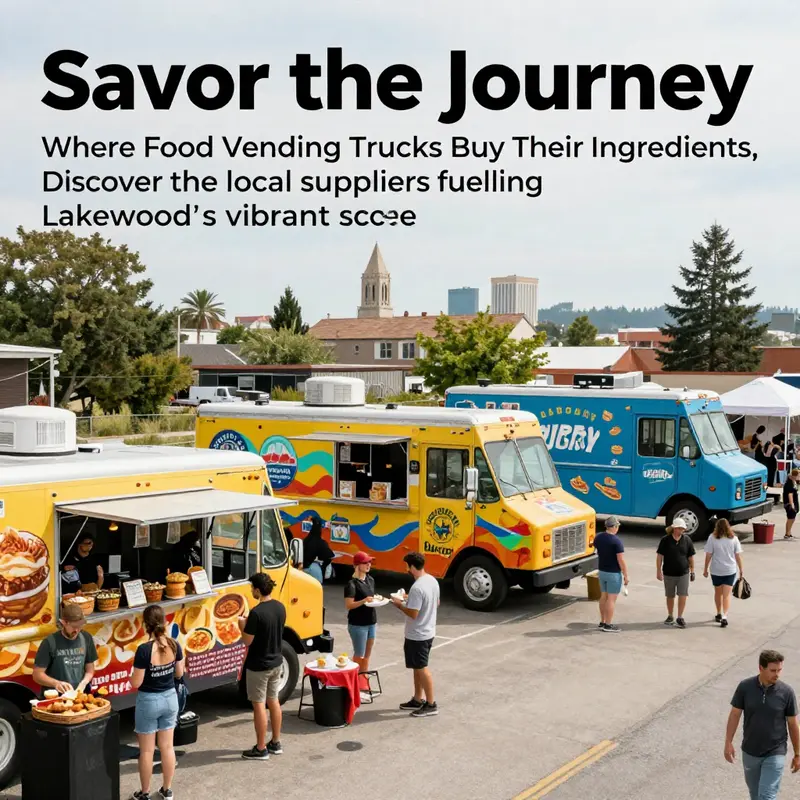 A vibrant scene of food trucks at an event in Lakewood, with people enjoying various cuisines and local scenery in the background.