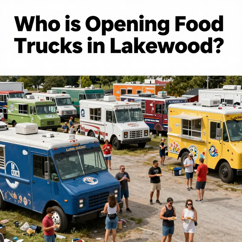 A panoramic view of a food truck gathering featuring several trucks and patrons enjoying their meals.