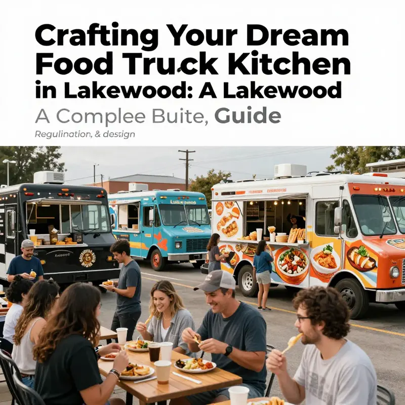 A vibrant food truck gathering in Lakewood with customers enjoying meals from various vendors, highlighting community and culinary diversity.