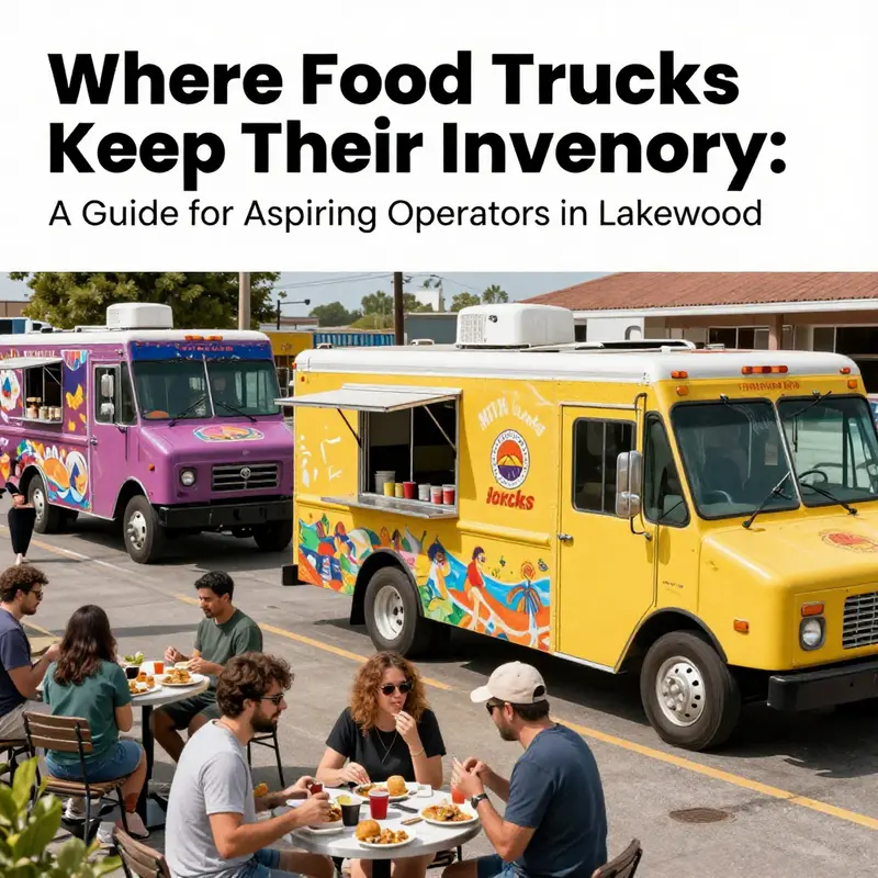 Colorful food truck scene in Lakewood featuring happy customers enjoying meals.