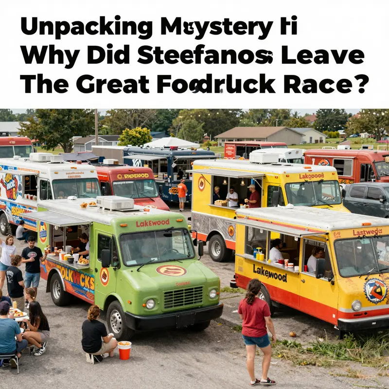 A bustling scene of various food trucks in Lakewood with customers enjoying meals, capturing the essence of community and culinary diversity.