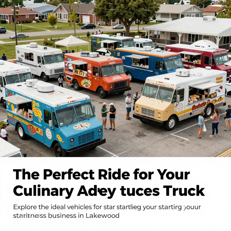 A vibrant food truck gathering in Lakewood with various trucks providing different cuisines and happy patrons.