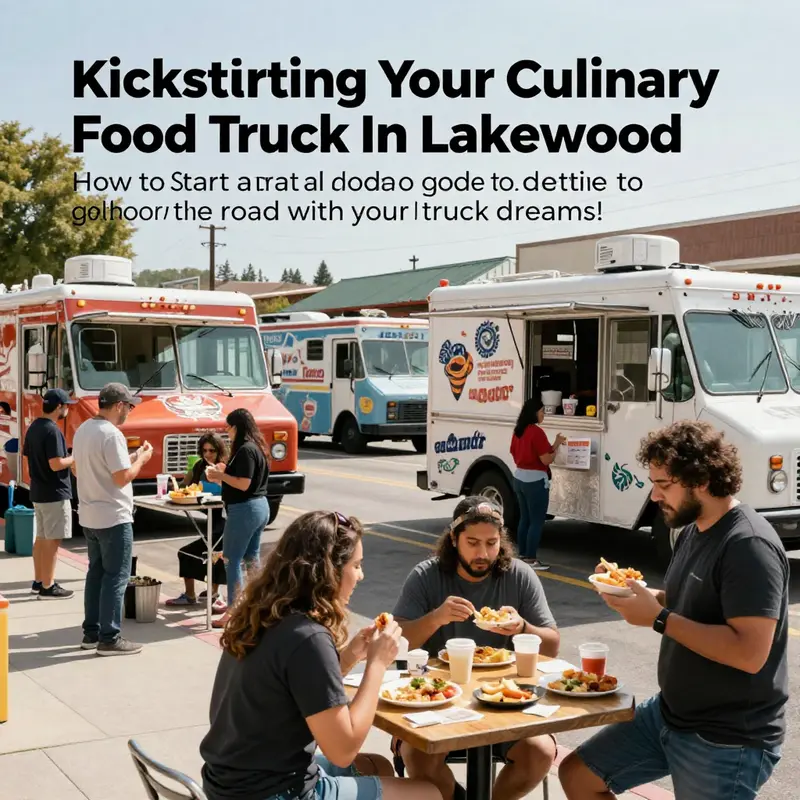 A vibrant street scene in Lakewood with food trucks and happy customers, showcasing the local food culture.