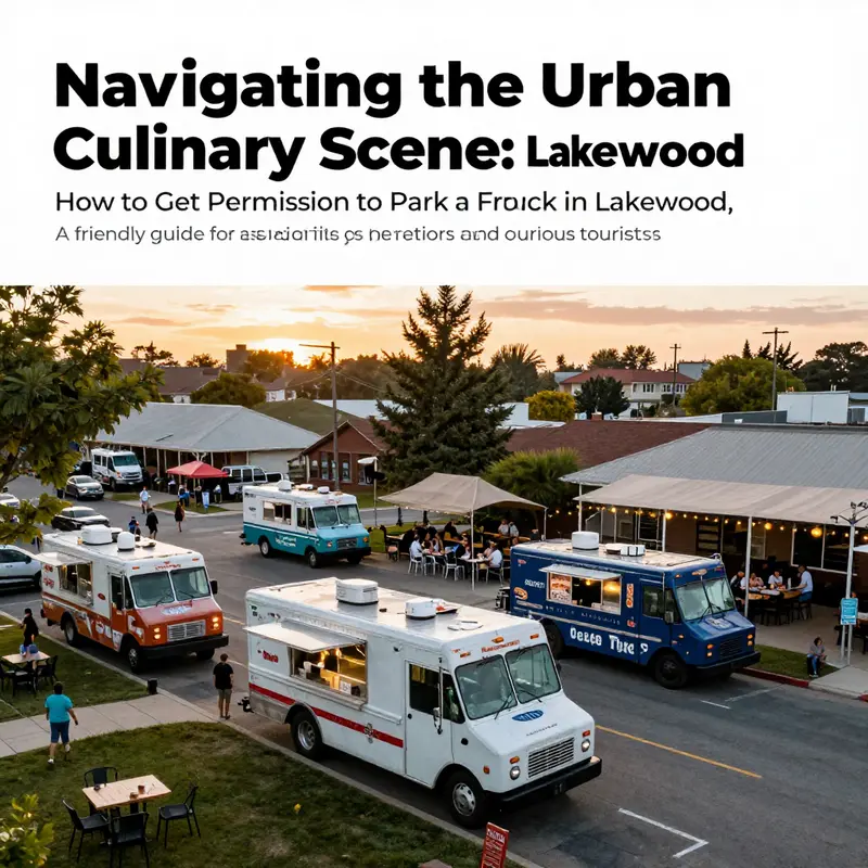 A picturesque view of food trucks and diners in Lakewood at sunset, representing community and culinary diversity.