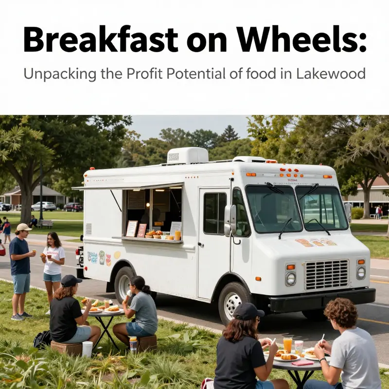 Lakewood scenery featuring a breakfast food truck amidst happy customers in a lively setting.