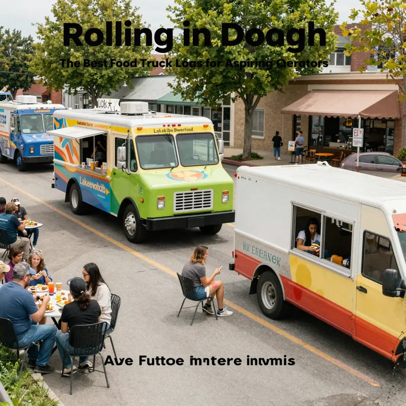 A bustling street in Lakewood showcasing various food trucks and customers enjoying meals, illustrating the dynamic food culture of the area.