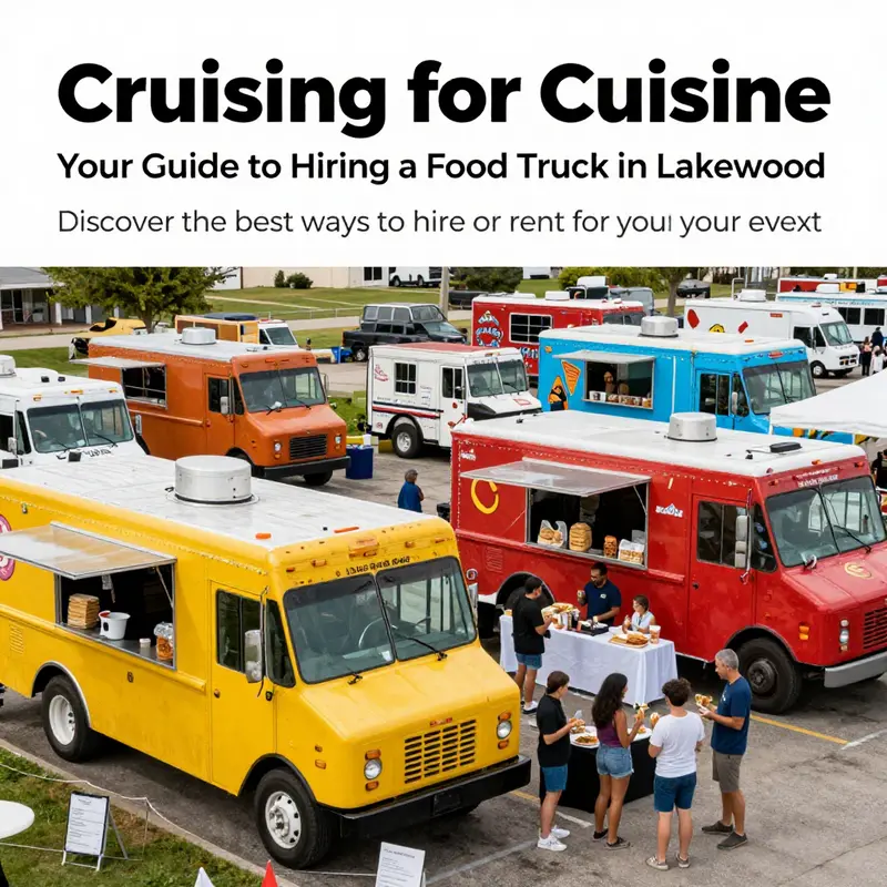 A collage of parked food trucks at a lively food truck event, capturing the essence of fun and flavor in Lakewood.