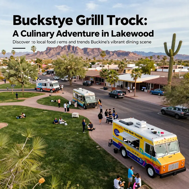 Aerial view of Lakewood, Arizona featuring a food truck gathering in a park with locals enjoying different cuisines.