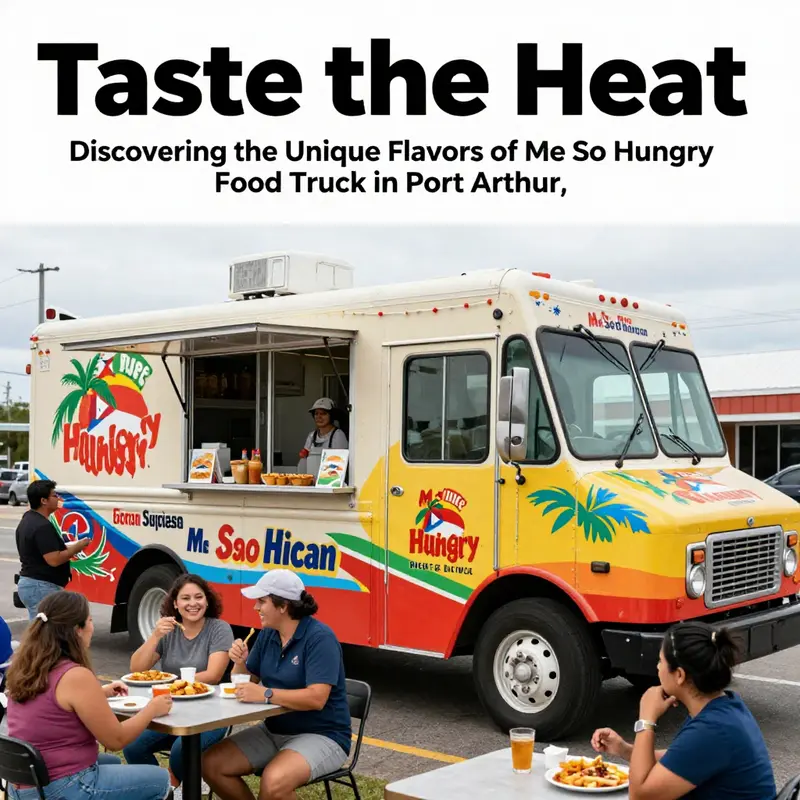 A bustling scene outside Me So Hungry Food Truck in Port Arthur, with customers enjoying traditional Puerto Rican dishes.