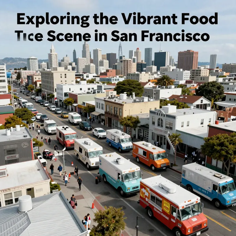 Aerial view of San Francisco with multiple food trucks set against the iconic skyline.