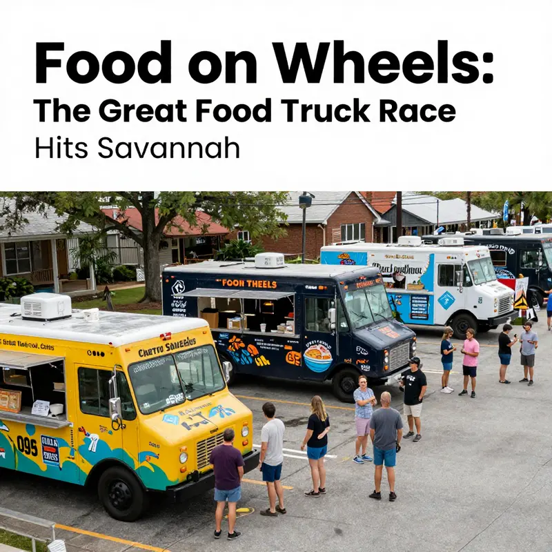 A lively scene in Savannah with food trucks and delighted visitors enjoying a culinary event.