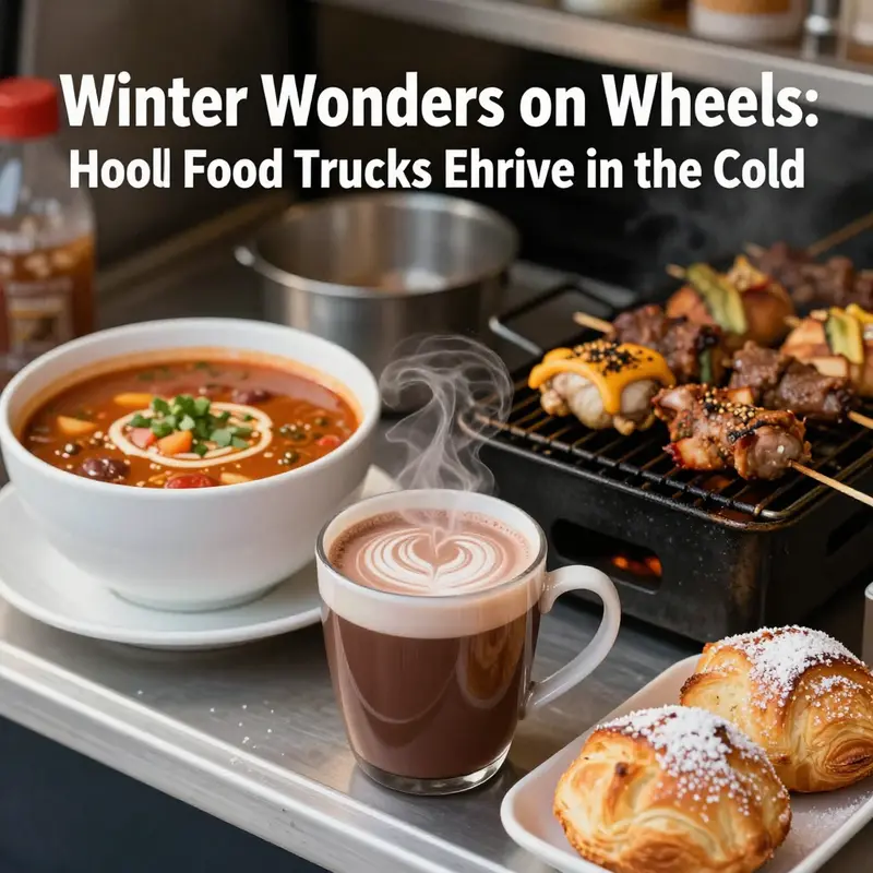 A winter food truck equipped with a heated tent welcomes hungry customers during snowy weather.