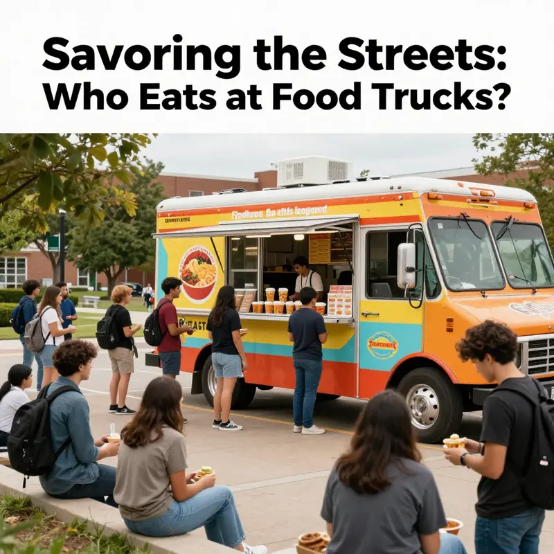 Busy professionals savoring quick meals from a bustling food truck in the city.