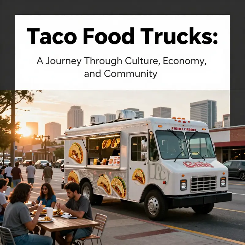 A vibrant taco food truck surrounded by people enjoying their food against a backdrop of a city skyline at sunset.
