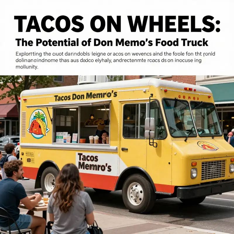 A colorful food truck representing Tacos Don Memo parked in an urban setting, filled with customers enjoying tacos.