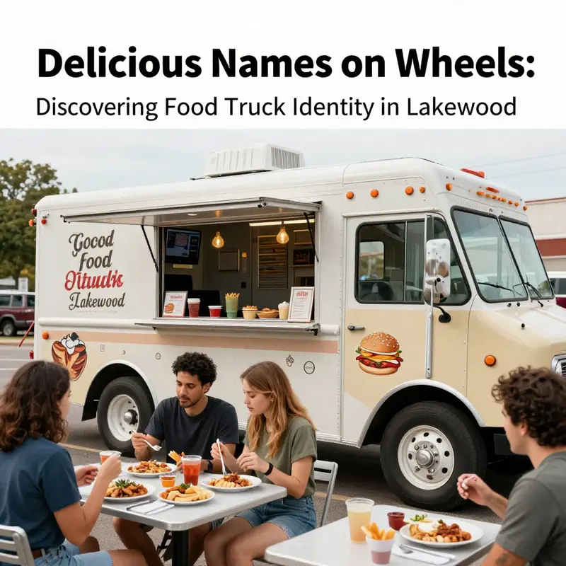 A lively food truck scene highlighting catchy names that attract customers.