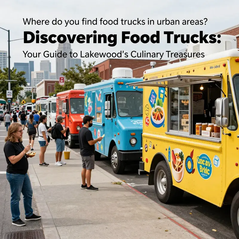 A lively urban atmosphere filled with food trucks, reflecting the diversity of Lakewood’s culinary offerings.