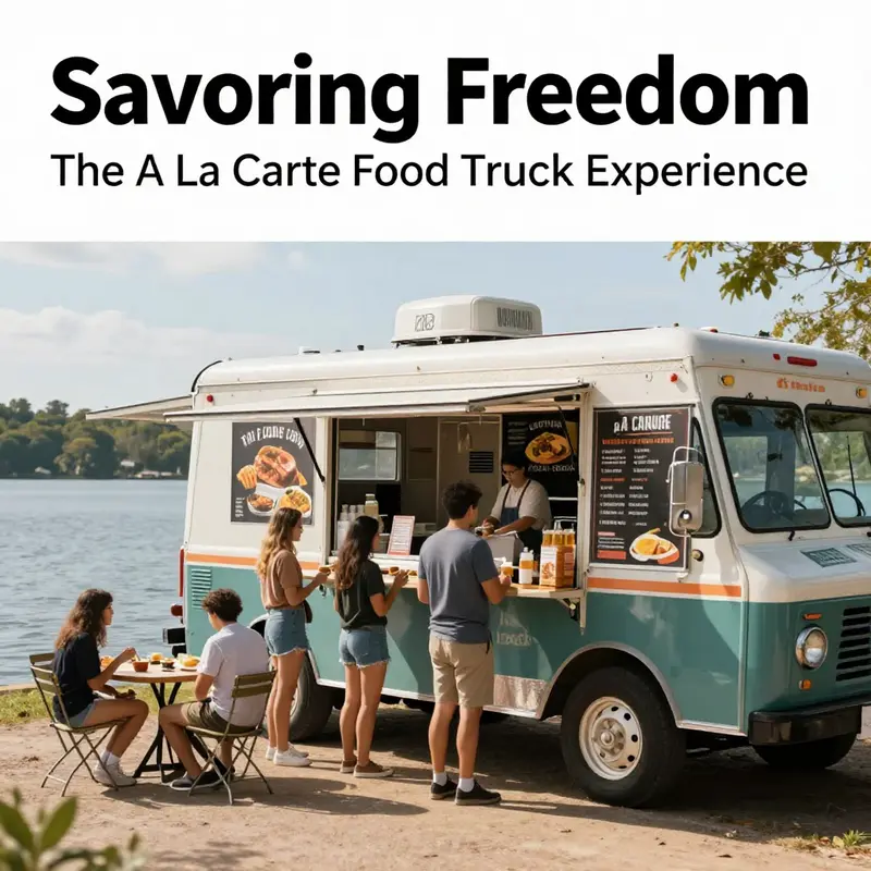 Vibrant food truck setting by a lake, filled with customers enjoying customizable meals.