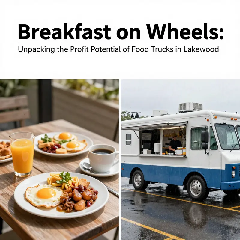 A busy breakfast food truck serving a diverse range of delighted customers in Lakewood.