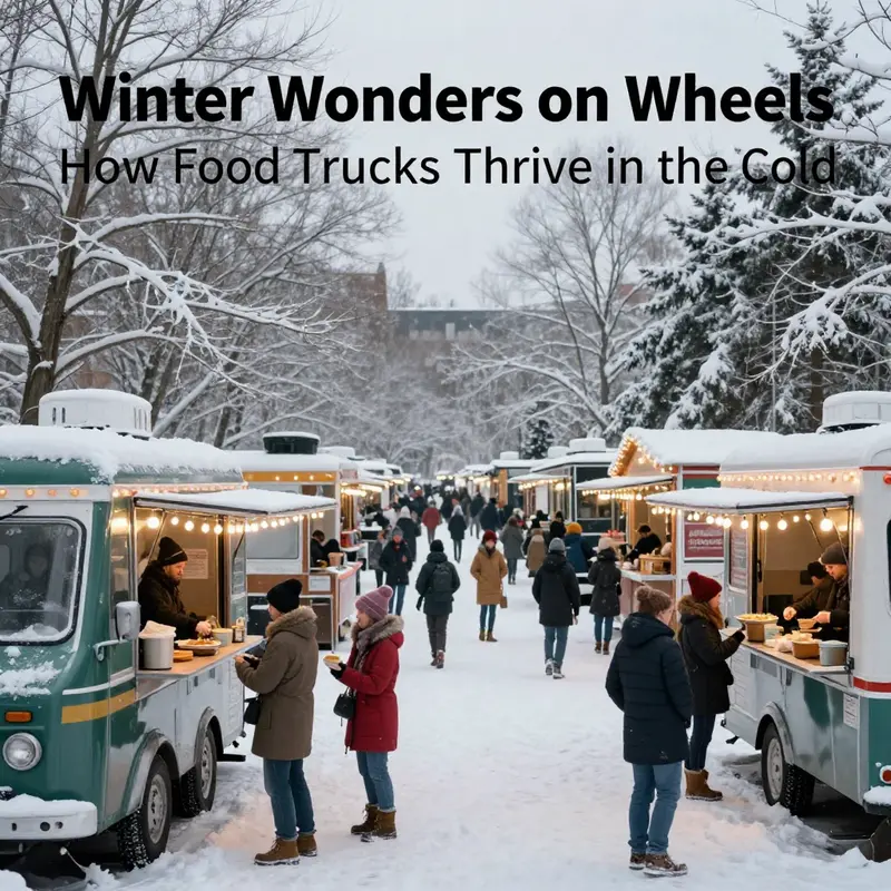 A winter food truck market bustling with customers enjoying hot food amidst a snowy backdrop.