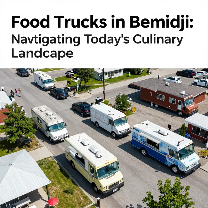 Aerial photo capturing the vibrant food scene in Bemidji with food trucks and market areas.
