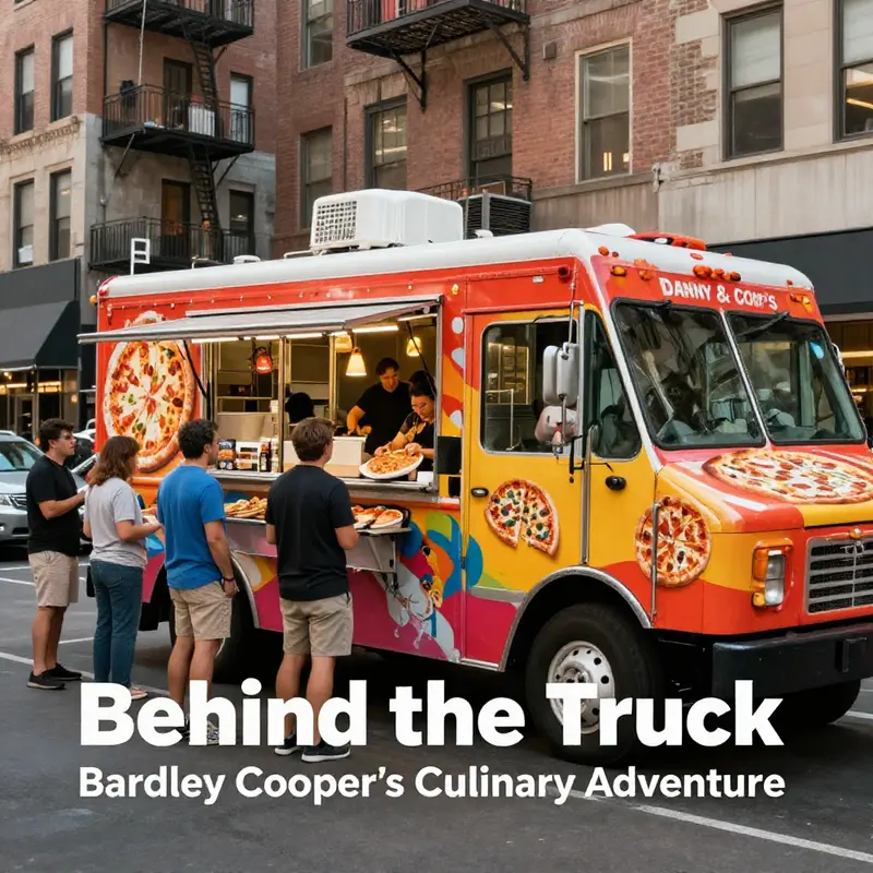 The lively launch of Danny & Coop’s food truck, showcasing the delicious pizzas and Bradley Cooper’s exciting partnership.