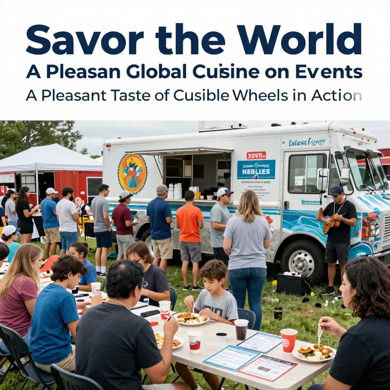 A Pleasant Taste of the World food truck showcasing global dishes and a lively atmosphere.