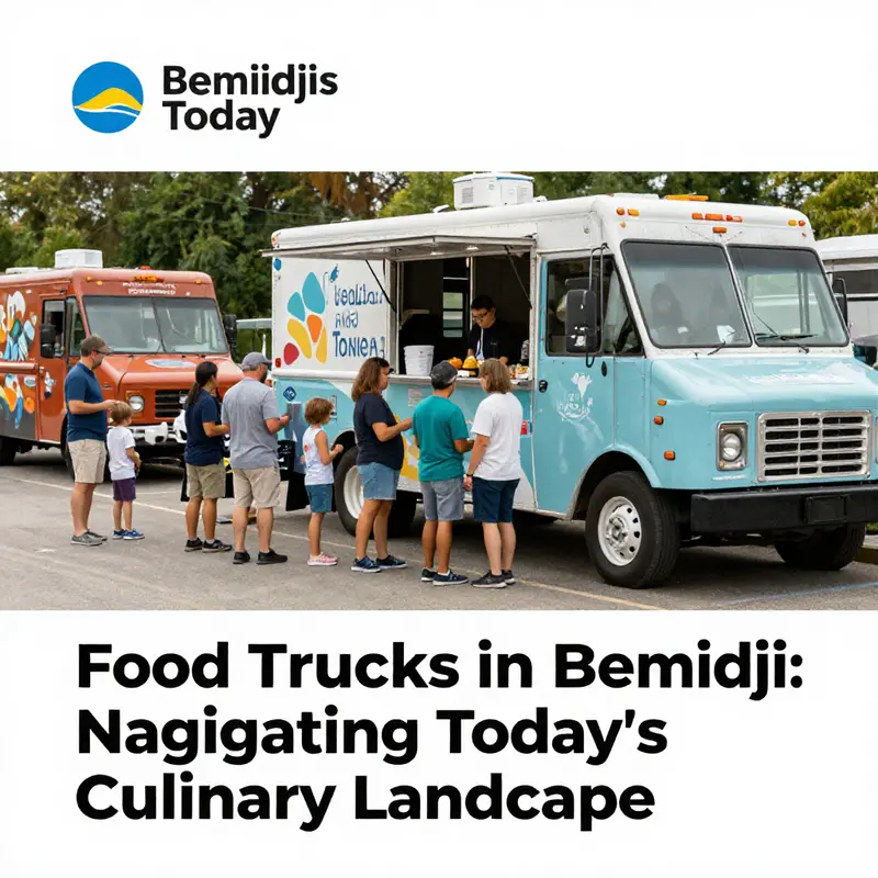 Food trucks parked in a bustling area of Bemidji, indicating the current status of mobile dining.
