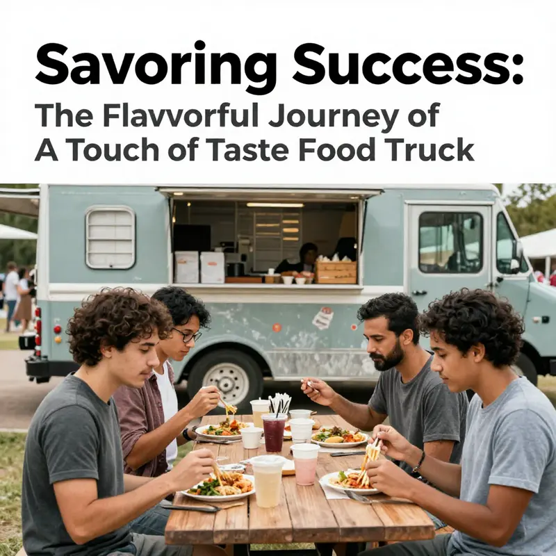 A bustling scene outside A Touch of Taste Food Truck with the owner serving happy customers.