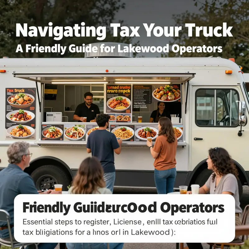 A food truck surrounded by happy customers enjoying a variety of dishes, embodying the spirit of the Lakewood food truck community.