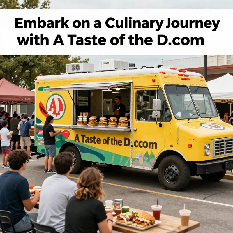 A colorful scene of A Taste of the D.com food truck serving customers in an outdoor setting.