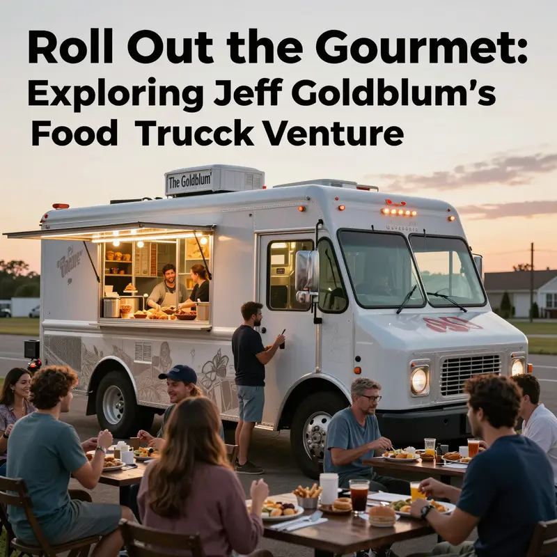 Jeff Goldblum's food truck illuminated at sunset with diners enjoying their meals.