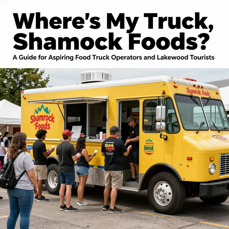A colorful Shamrock Foods food truck surrounded by happy customers at a food festival.