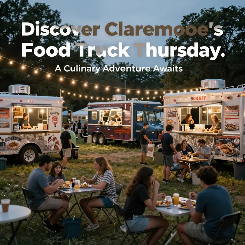 A vibrant festival atmosphere at Claremore Food Truck Thursday filled with people enjoying various food trucks.