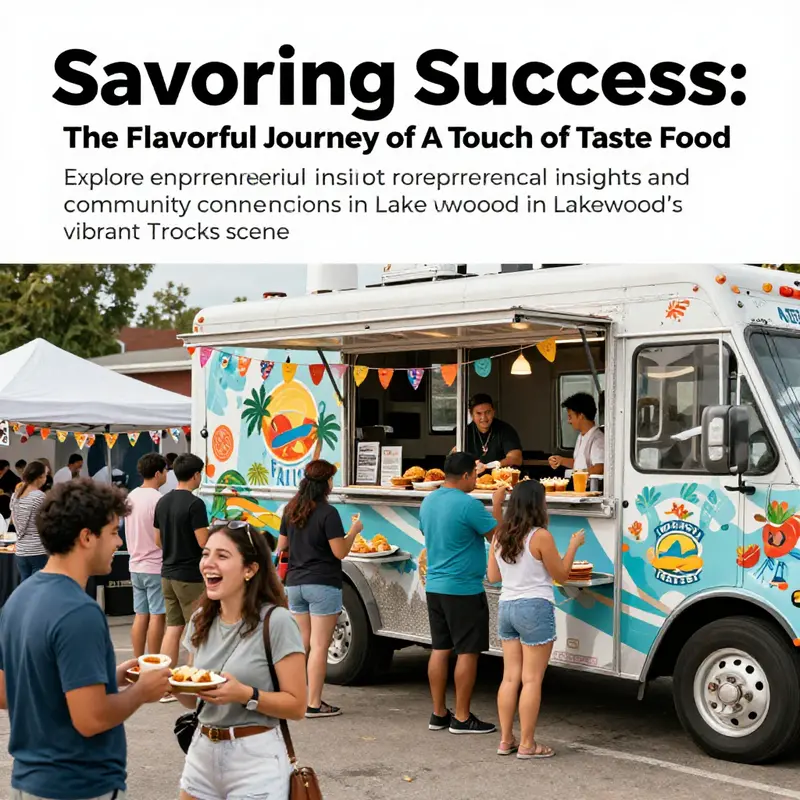 A vibrant Lakewood festival with A Touch of Taste Food Truck at its center, surrounded by happy festival-goers enjoying food.