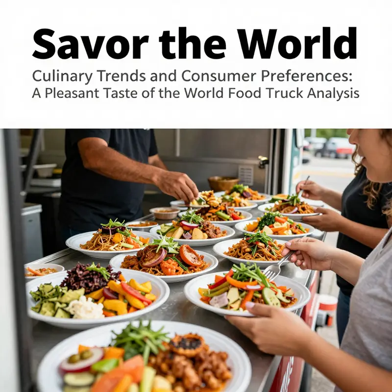 A Pleasant Taste of the World food truck showcasing global dishes and a lively atmosphere.