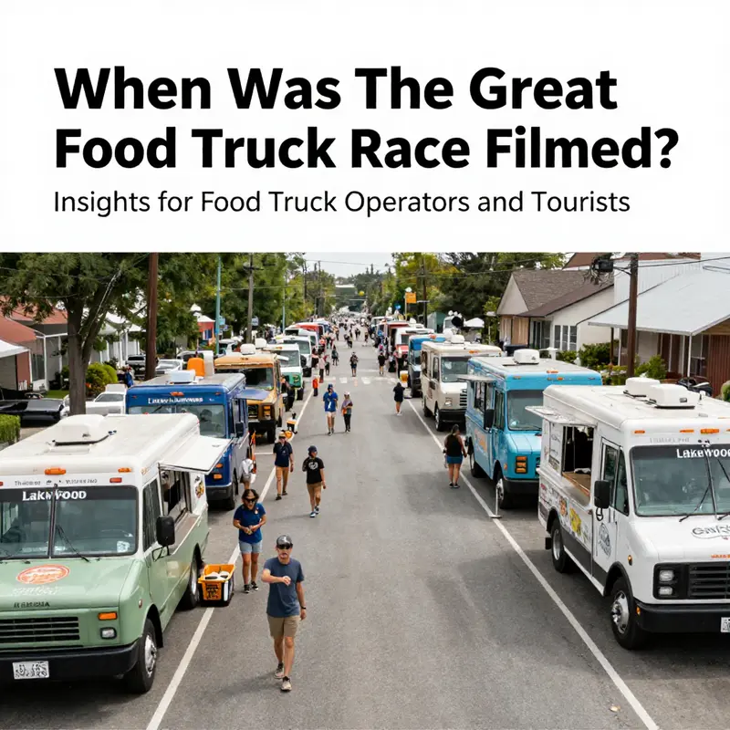 Behind the scenes of filming The Great Food Truck Race, showcasing vibrant food trucks and crew members.