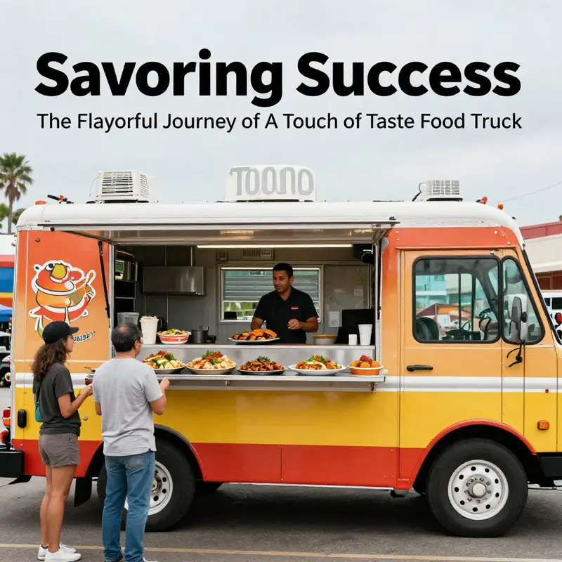 A bustling scene outside A Touch of Taste Food Truck with the owner serving happy customers.