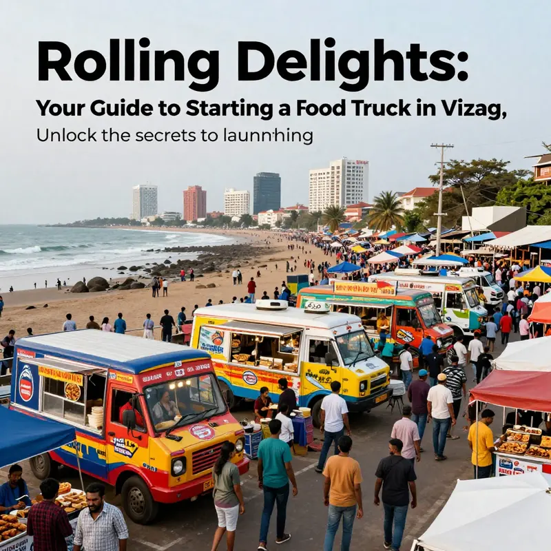 An exciting street food festival in Vizag showcasing multiple colorful food trucks and happy customers.