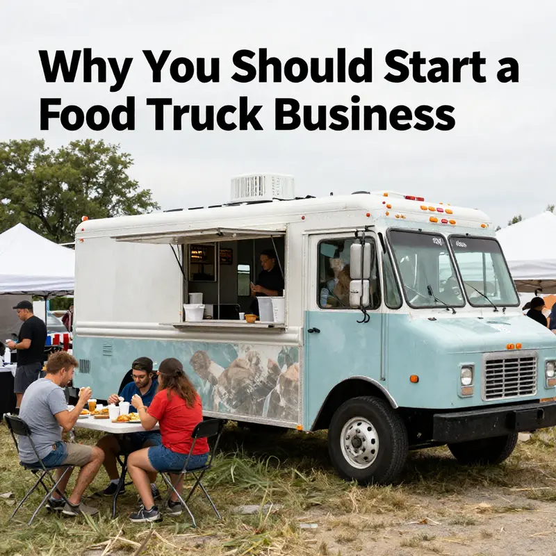 A lively scene depicting the lower initial costs associated with starting a food truck business in Lakewood.