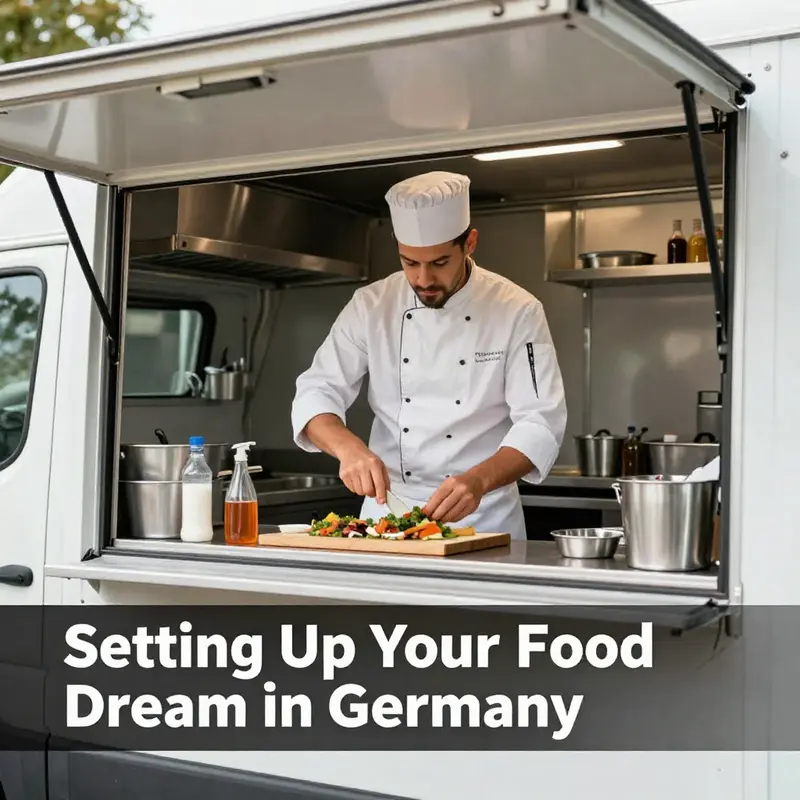 Aspiring food truck operators navigate their registration steps amidst a lively market scene.